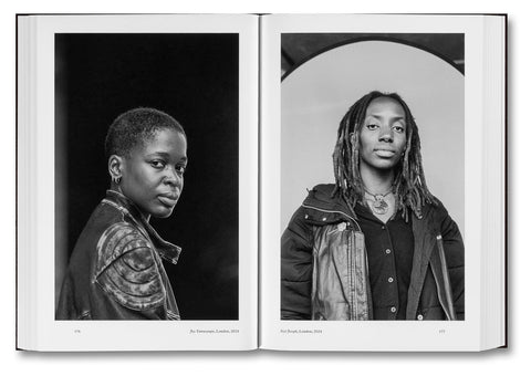 Open photography book "Faces and Phases" by MACK showing black-and-white portraits and artistic photo layouts on pages.