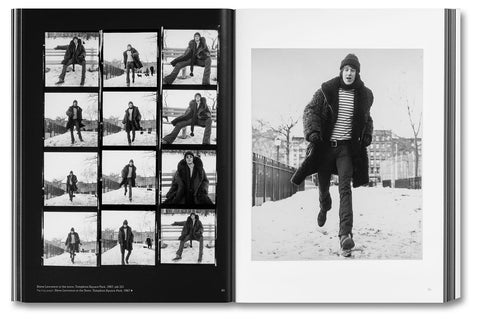 Open photography book "Hujar: Contact" by MACK showing black and white contact sheet images of underground scenes.