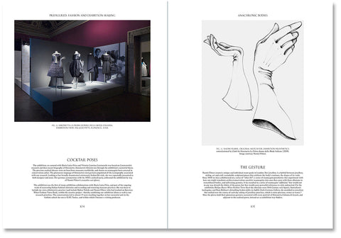 Interior of "Prefigured: Fashion and Exhibition-Making" book by SPBH Editions, showcasing pages with fashion and exhibition design images.