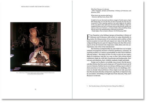 Interior view of "Prefigured: Fashion and Exhibition-Making" book by SPBH Editions, showing detailed pages and design elements.