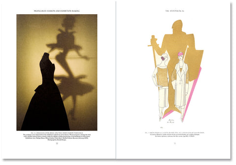 Open book titled "Prefigured: Fashion and Exhibition-Making" by SPBH Editions, showing interior pages with fashion and exhibition images.