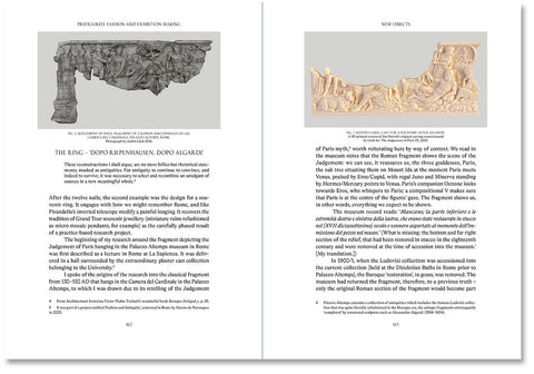 Interior view of the book "Prefigured: Fashion and Exhibition-Making" by SPBH Editions, showing pages with fashion and exhibition design visuals.