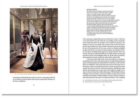 Open book titled "Prefigured: Fashion and Exhibition-Making" by SPBH Editions, showing pages with fashion and exhibition images.
