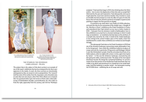 Interior view of the book "Prefigured: Fashion and Exhibition-Making" by SPBH Editions, showing pages with fashion and exhibition images.
