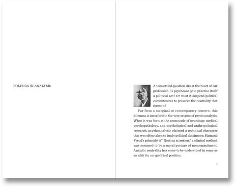 Open book titled "Case by Case: Psychoanalysis and the Political" by MACK, displayed on a wooden surface with pages open.