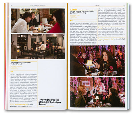 A24 "On Location in New York City" film book open to pages showcasing iconic NYC scenes and filming locations.