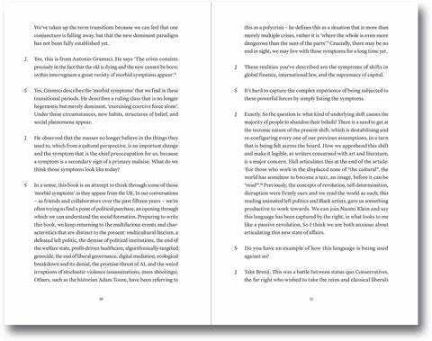 Open book titled "Transitions: On Culture, Crisis, and the Human" by MACK, featuring pages with text and artwork on art theory.